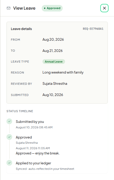 Approved on the 11th, with the note kept beside the decision.