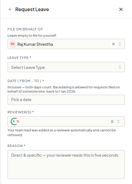 A leave request filed for Raj: his team lead is already a reviewer and cannot be removed.